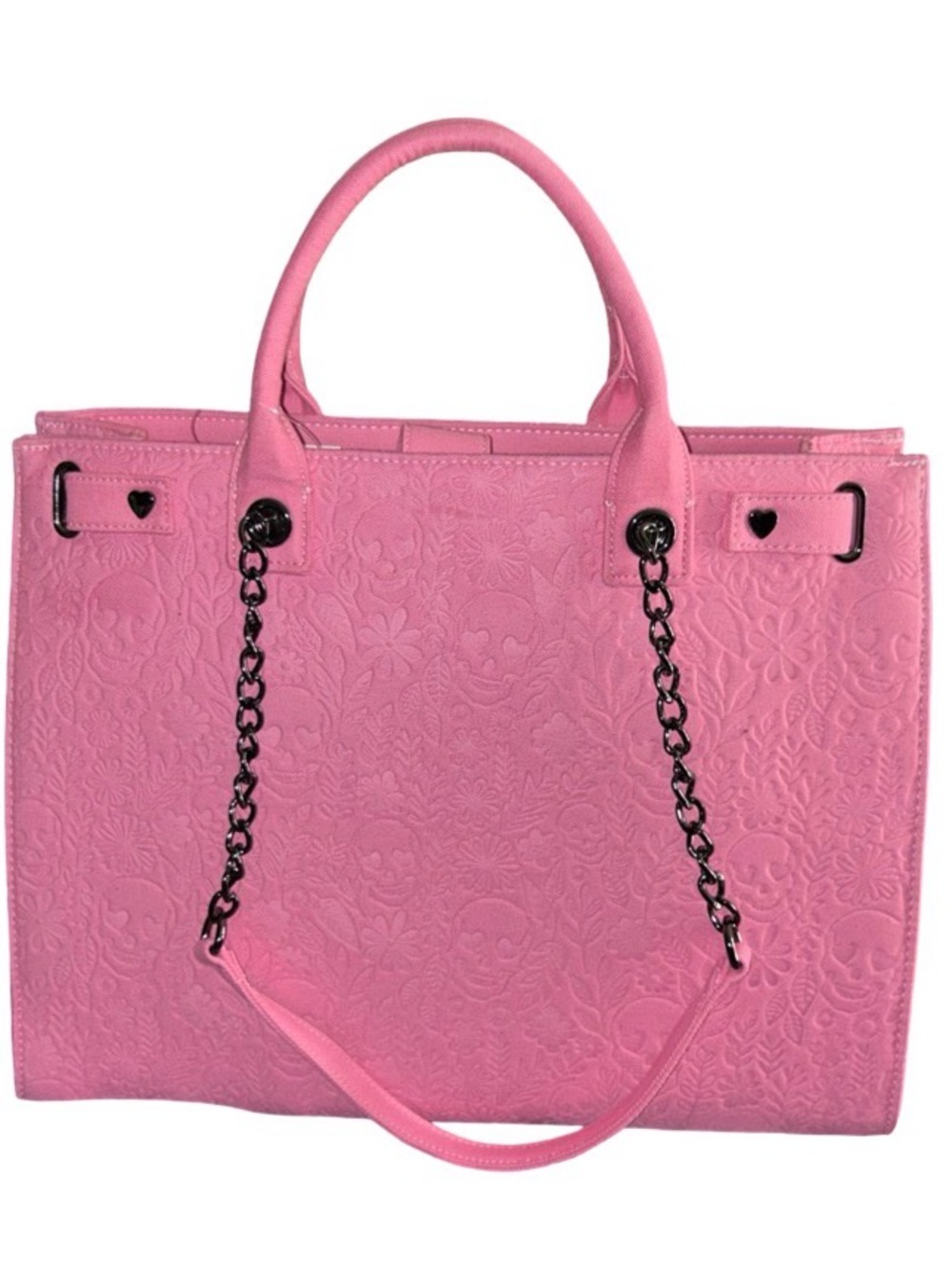 BETSEY JOHNSON XL PINK SUGAR SKULL & FLOWERS DOUBLE HANDLE/CHAIN STRAPS NWT - Picture 6 of 12